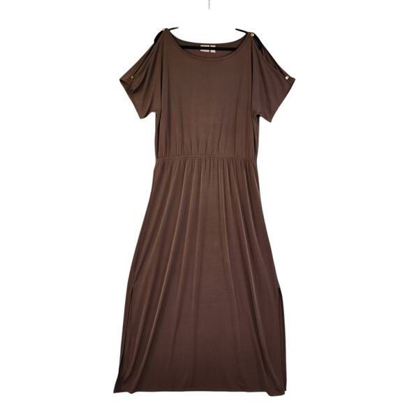 Chicos Womens Maxi Dress Size Large Chocolate Brown Cold Shoulder Stretch Travel - Picture 1 of 15